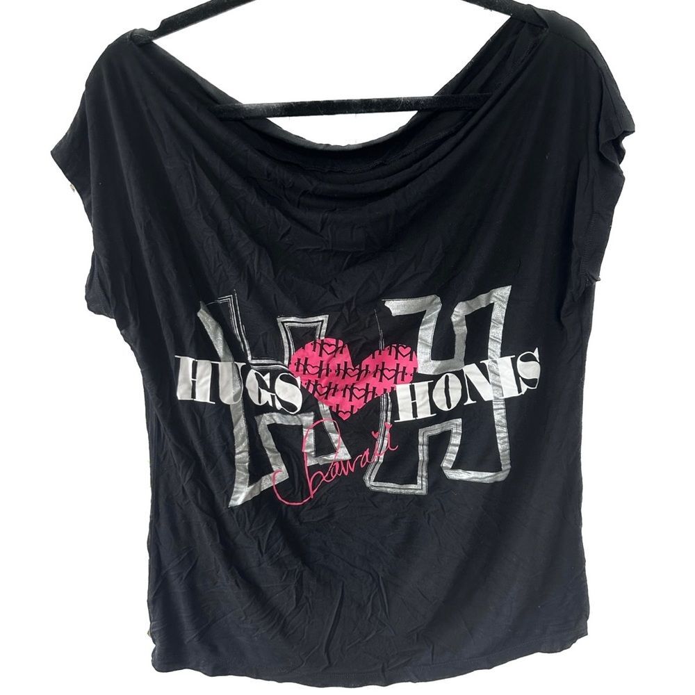 HUGS & HONIS Hawaiian Designer Signature Graphic Cowl Neck Stretchy Blouse Top L